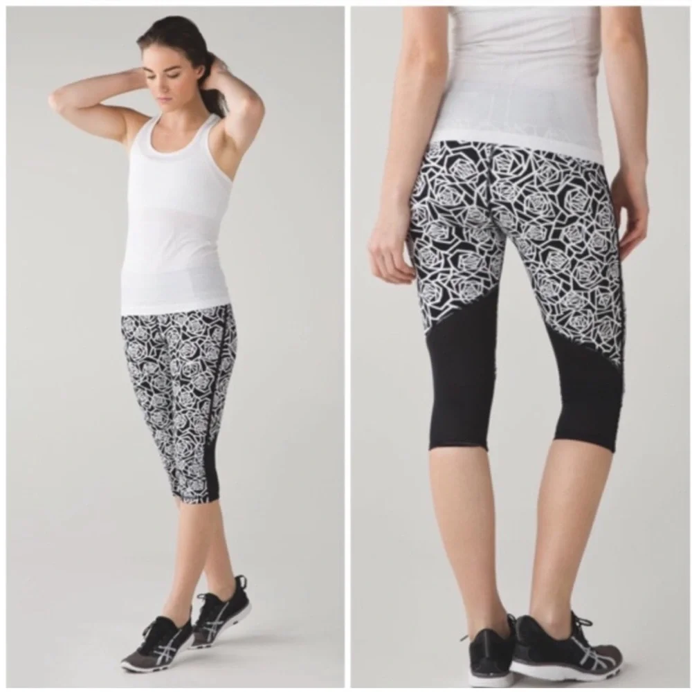 Lululemon Real Quick Crop Luxtreme Mesh Running Leggings Sz. 6 Posey Black White